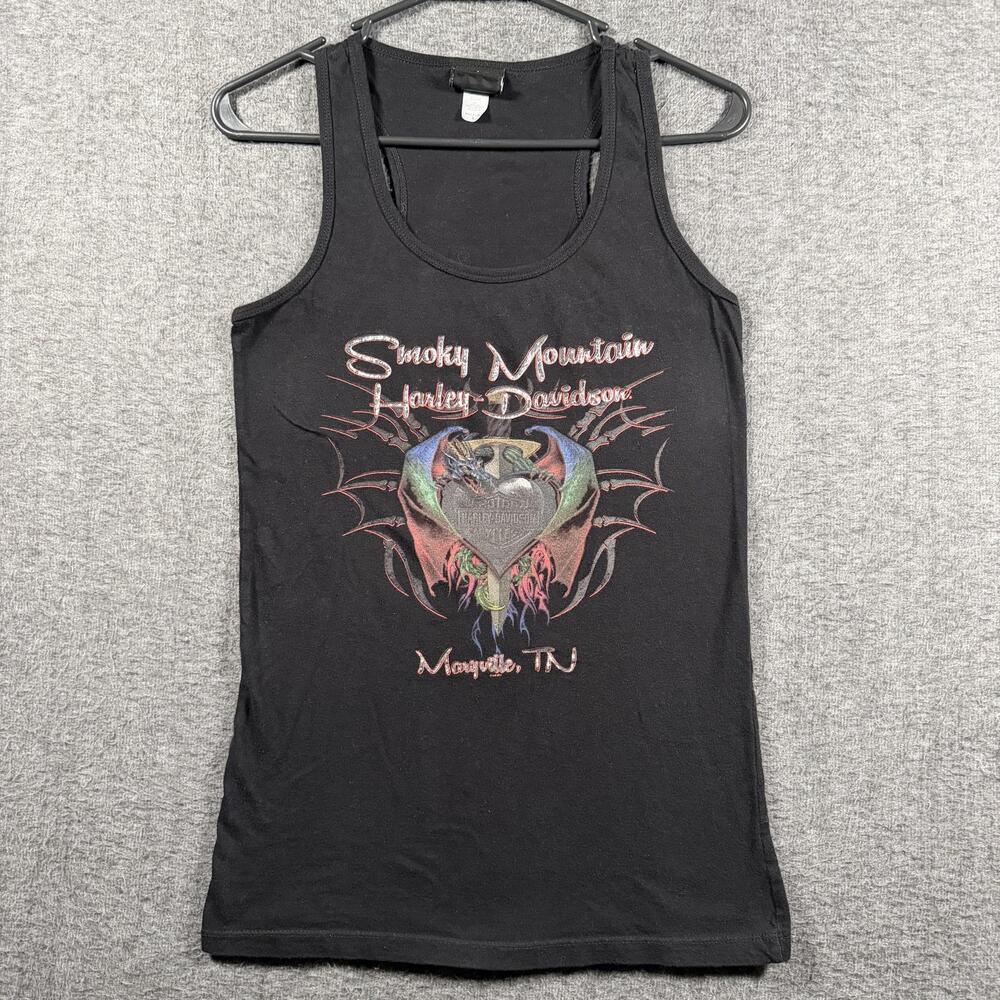 Harley-Davidson Tank Top Womens Large Black Biker Y2K Dragon Baby-Doll Tee
